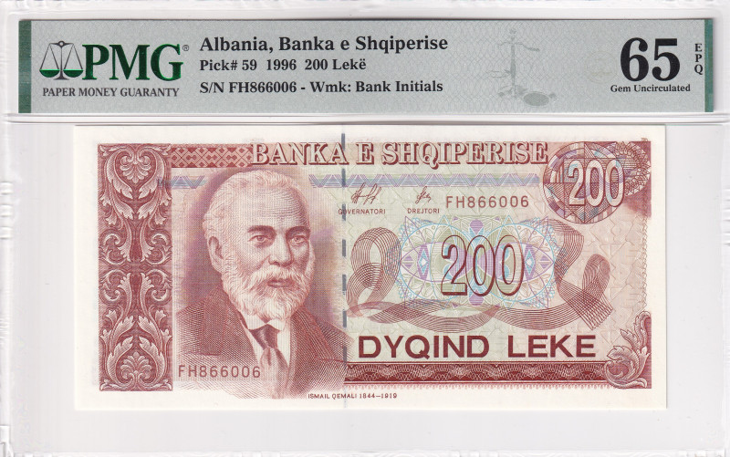 Albania, 200 Leke, 1996, UNC, p59as

PMG 65 EPQ, On the obverse there is a por...