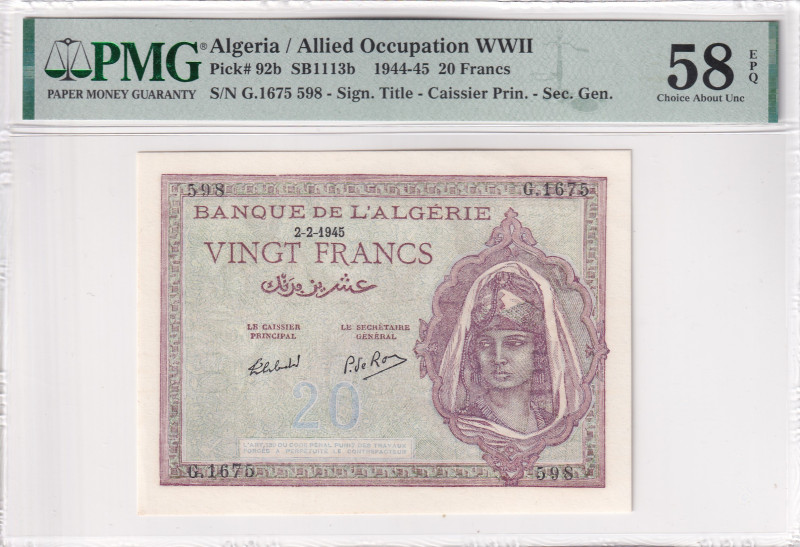 Algeria, 20 Francs, 1945, AUNC(+), p92b

PMG 58 EPQ, Allied Occupation WWII
...