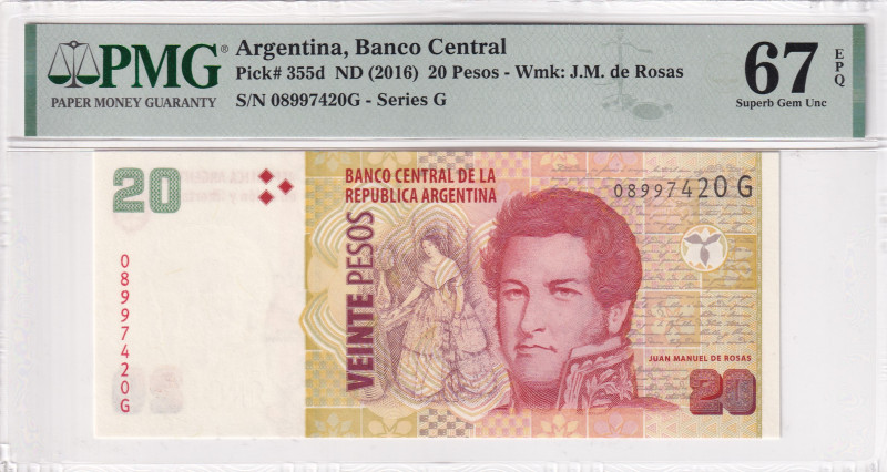 Argentina, 20 Pesos, 2016, UNC, p355d

PMG 67 EPQ, High condition , On the obv...