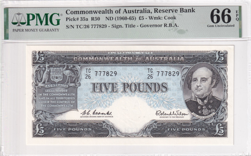 Australia, 5 Pounds, 1960-65, UNC, p35a

PMG 66 EPQ, On the obverse is a portr...