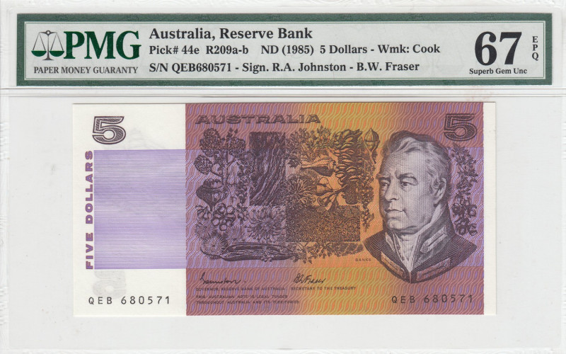 Australia, 5 Dollars, 1985, UNC, p44e

PMG 67 EPQ, High condition , On the obv...