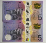 Australia, 5 Dollars, 2016, UNC, p62, (Total 2 consecutive banknotes)