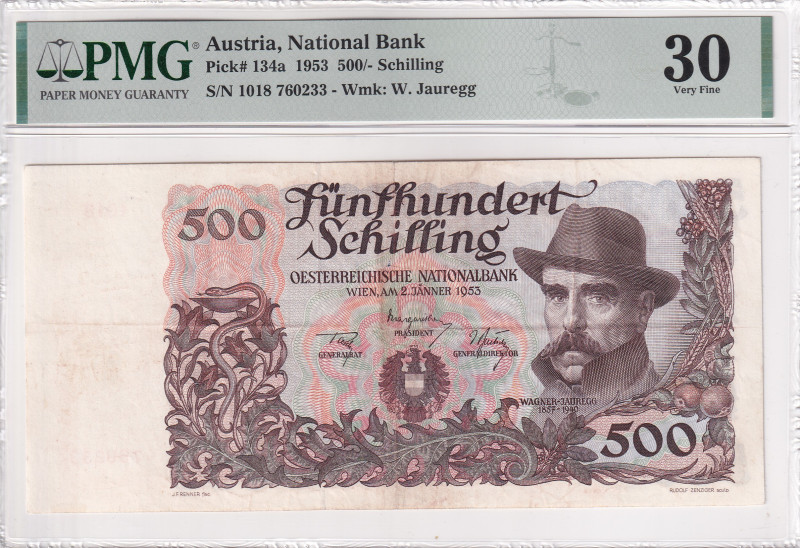 Austria, 500 Schilling, 1953, VF, p134a

PMG 30, On the obverse is a portrait ...