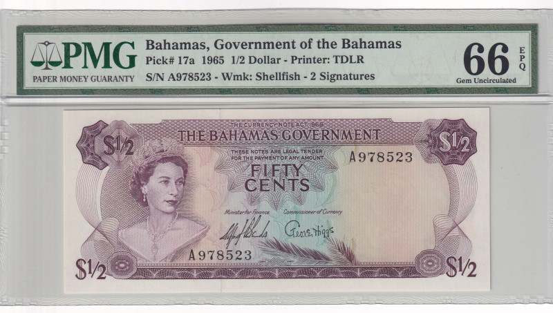 Bahamas, 1/2 Dollar, 1965, UNC, p17a

PMG 66 EPQ, Queen Elizabeth II. Potrait...