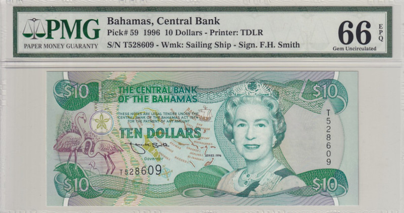 Bahamas, 10 Dollars, 1996, UNC, p59

PMG 66 EPQ, Queen Elizabeth II Portrait
...