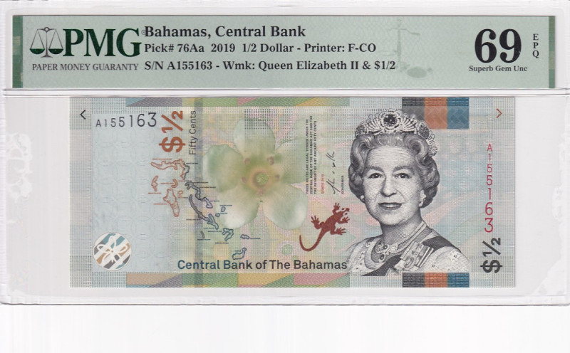 Bahamas, 1/2 Dollar, 2019, UNC, p76Aa

PMG 69 EPQ, High condition, Queen Eliza...