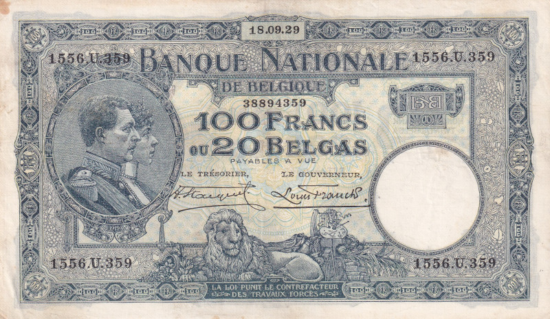 Belgium, 100 Francs-20 Belgas, 1929, VF, p102

Stained

Estimate: USD 15-30