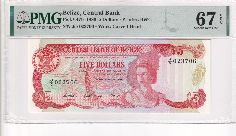 Belize, 5 Dollars, 1989, UNC, p47b

PMG 67 EPQ, Queen Elizabeth II Portrait
...