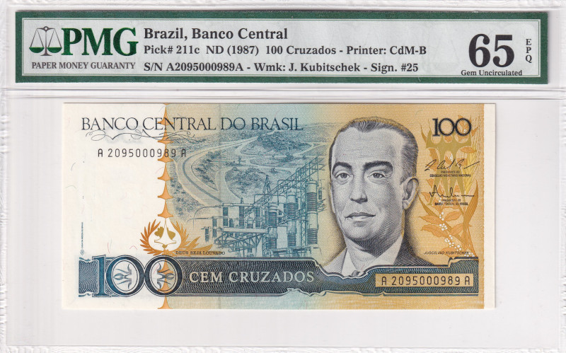 Brazil, 100 Cruzados, 1987, UNC, p211c

PMG 65 EPQ, On the obverse is a portra...