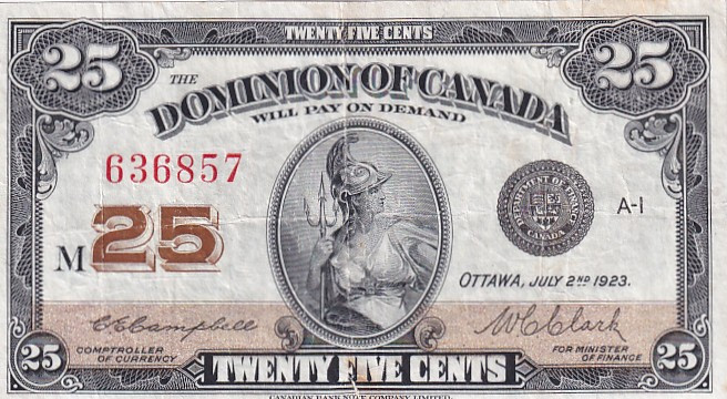 Canada, 25 Cents, 1923, VF, p11c

Stained, There are tears in 1 corner.

Est...