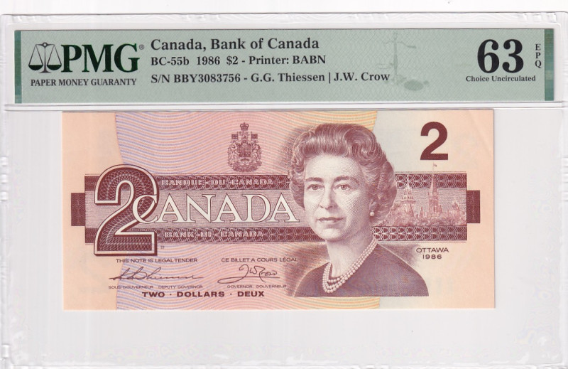 Canada, 2 Dollars, 1986, UNC, p55b

PMG 63 EPQ, Queen Elizabeth II Portrait
...