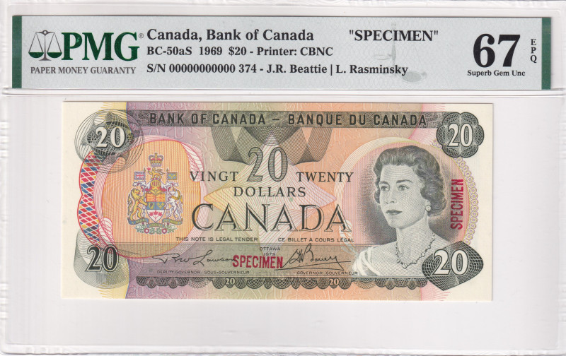 Canada, 20 Dollars, 1969, UNC, p89bs, SPECIMEN

PMG 67 EPQ, Queen Elizabeth II...