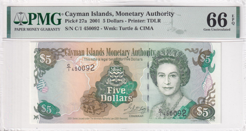 Cayman Islands, 5 Dollars, 2001, UNC, p27a, Monetary Authority

PMG 66 EPQ, Qu...