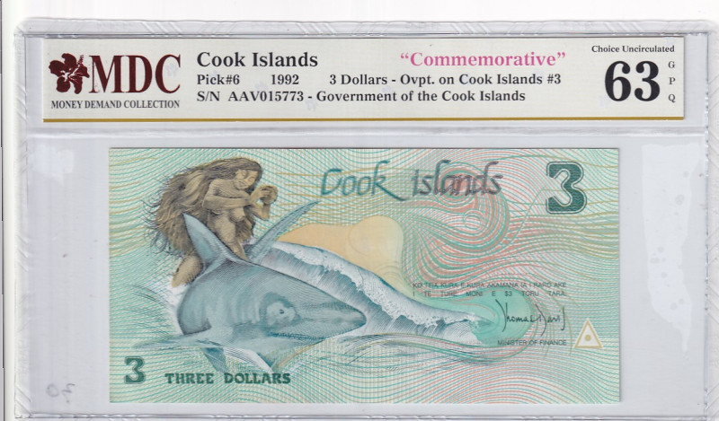 Cook Islands, 3 Dollars, 1992, UNC, p6a

MDC 63 GPQ, Commemorative banknote
...