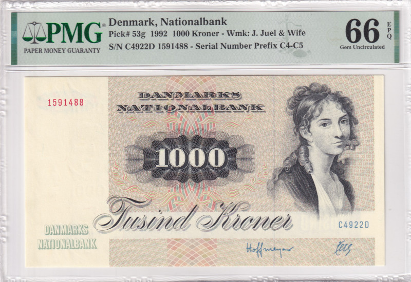 Denmark, 1.000 Kroner, 1992, UNC, p53g

PMG 66 EPQ, On the obverse, there is a...