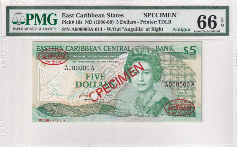 East Caribbean States, 5 Dollars, 1986/1988, UNC, p18s, SPECIMEN

PMG 66 EPQ, ...