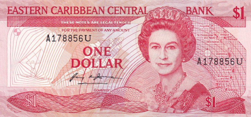 East Caribbean States, 1 Dollar, 1988/1989, UNC, p21u

Queen Elizabeth II Port...