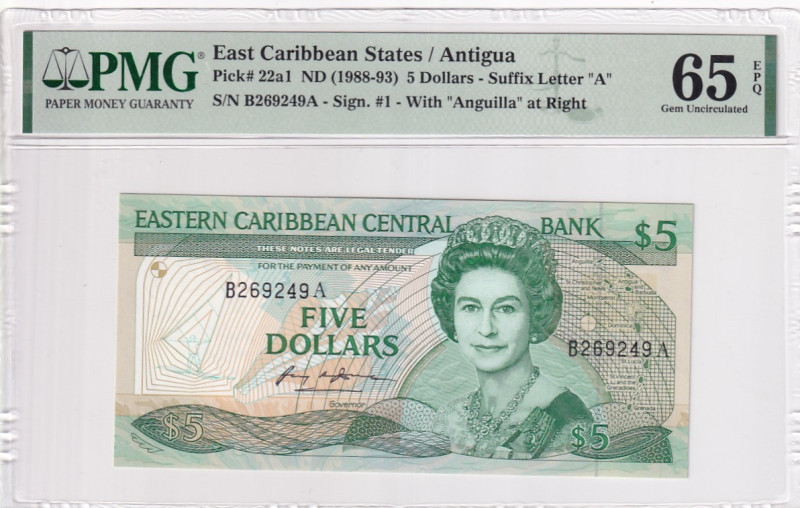 East Caribbean States, 5 Dollars, 1988/1993, UNC, p22a1

PMG 65 EPQ, Queen Eli...