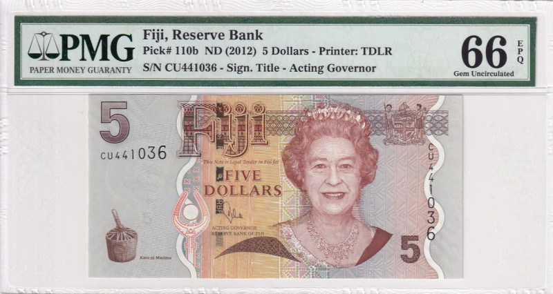 Fiji, 5 Dollars, 2012, UNC, p110b

PMG 66 EPQ, Queen Elizabeth II Portrait

...