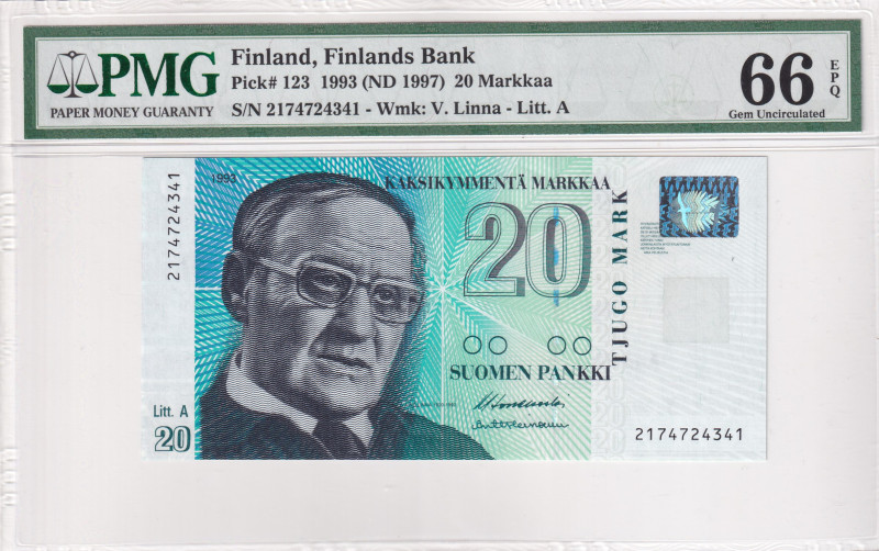 Finland, 20 Markkaa, 1997, UNC, p123a

PMG 66 EPQ, On the obverse there is a p...