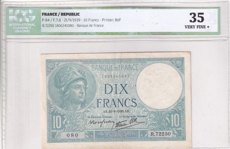 France, 10 Francs, 1939, VF, p84a

ICG 35, On the obverse is the symbol of "Ma...