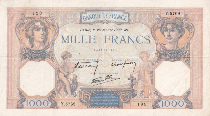 France, 1.000 Francs, 1939, VF, p90c

There are pinholes, Banque de France

...