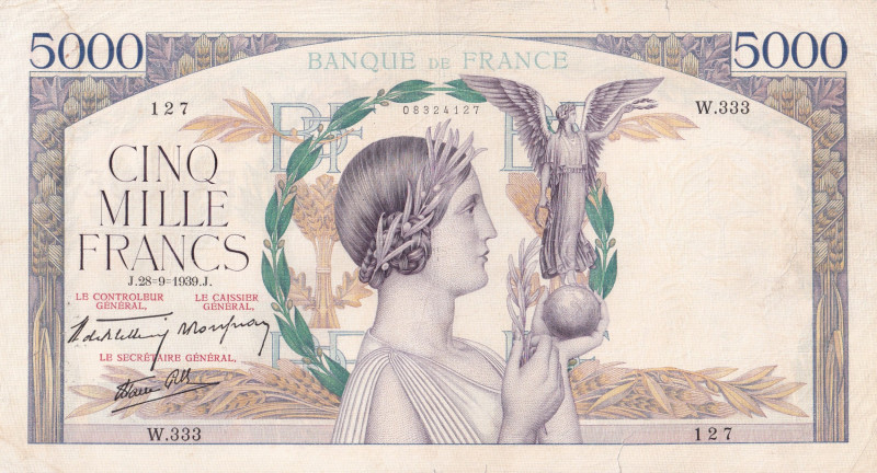 France, 5.000 Francs, 1939, VF, p97a

There are stains, tears, and pinholes, B...