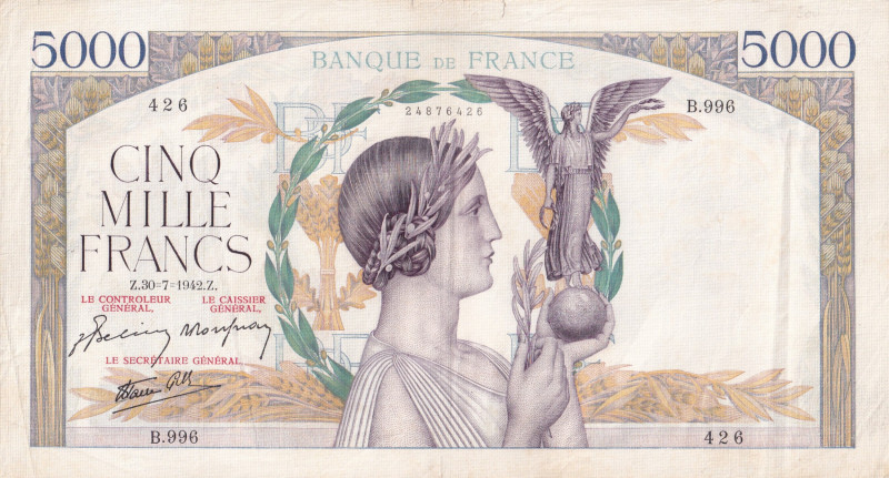 France, 5.000 Francs, 1942, VF, p97c

There are some wear and small tears on t...