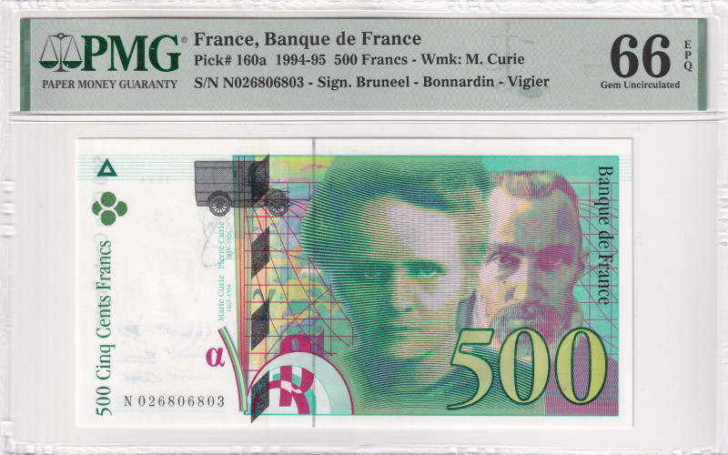 France, 500 Francs, 1994, UNC, p160a

PMG 66 EPQ, On the obverse, there is a p...