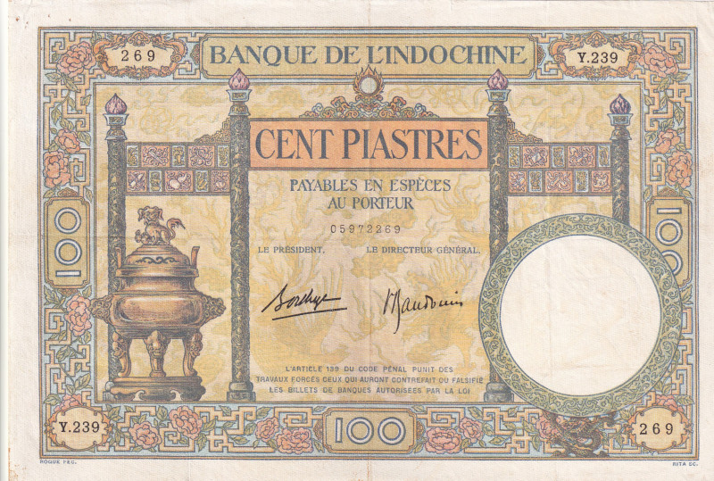 French Indo-China, 100 Piastres, 1925-39, VF, p51d

Banque De L `Indochine

...