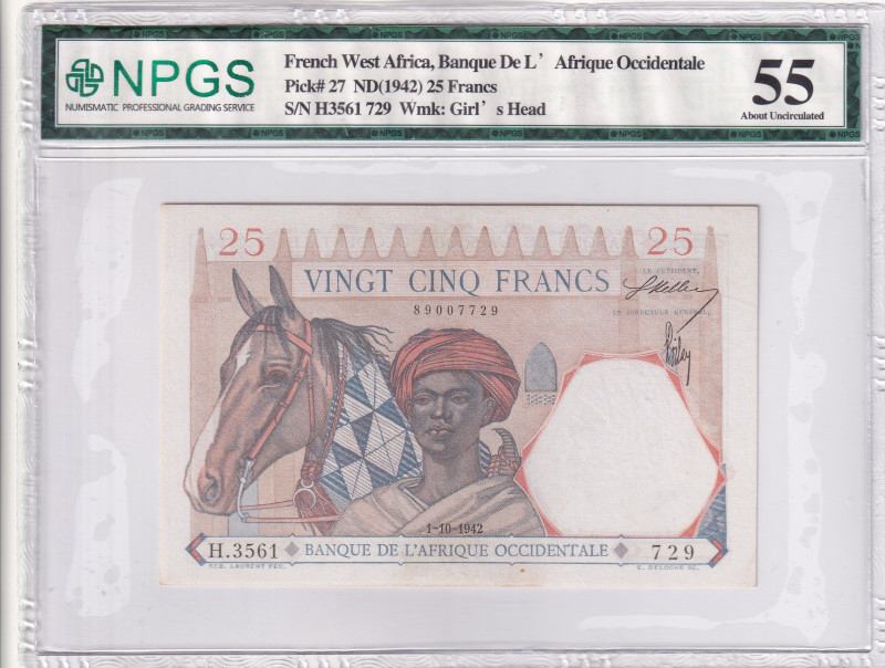 French West Africa, 25 Francs, 1942, AUNC, p27a

NPGS 55, Banque De L `Afrique...