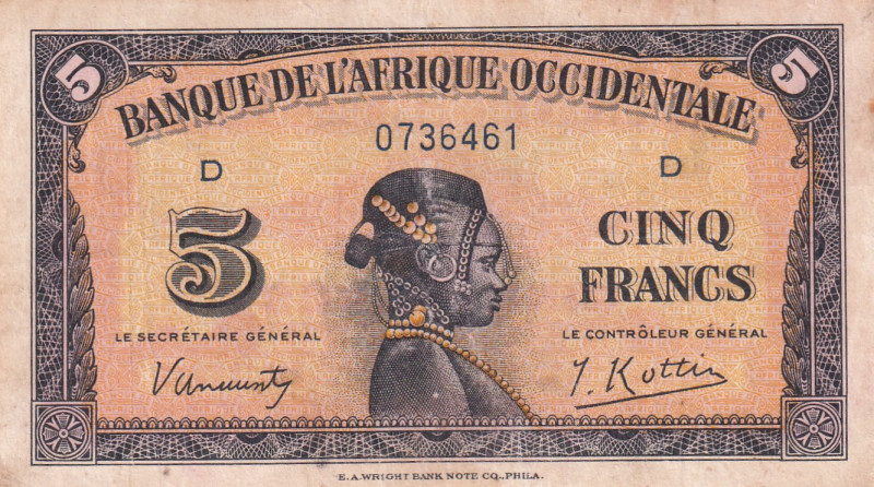 French West Africa, 5 Francs, 1942, VF, p28

Estimate: USD 10-20
