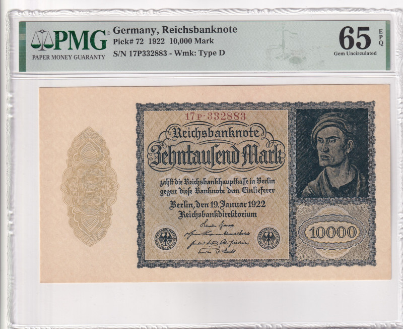 Germany, 10.000 Mark, 1922, UNC, p72

PMG 65 EPQ

Estimate: USD 30-60