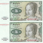 Germany - Federal Republic, 5 Deutsche Mark, 1980, UNC, p30a, (Total 2 consecutive banknotes)