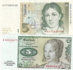 Germany - Federal Republic, 5 Deutsche Mark, 1980 / 1991, XF / AUNC (-), p30b / p37a, (Total 2 banknotes)