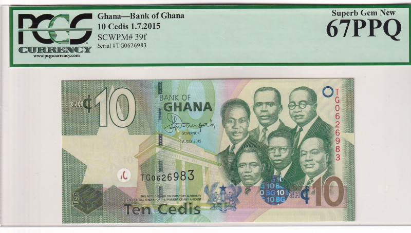 Ghana, 10 Cedis, 2015, UNC, p39f

PCGS 67 PPQ, The obverse features portraits ...