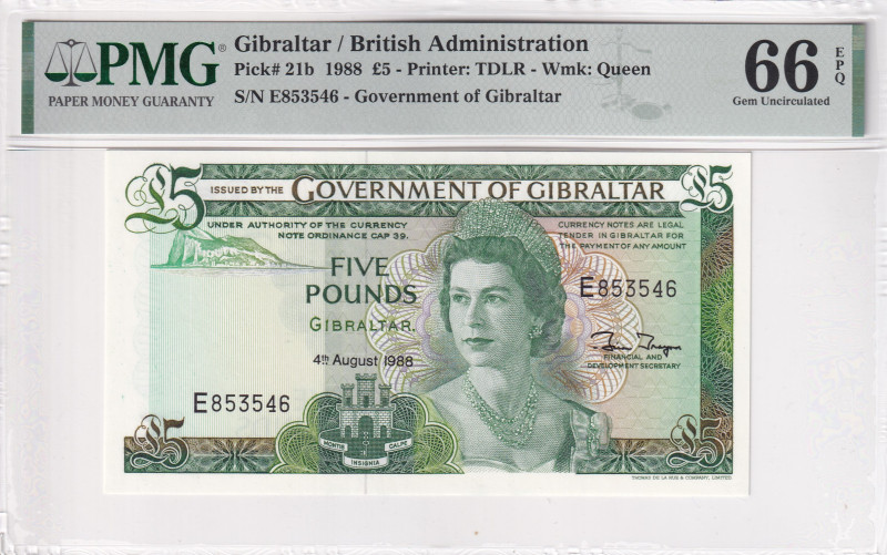 Gibraltar, 5 Pounds, 1988, UNC, p21b

PMG 66 EPQ, Queen Elizabeth II Portrait...