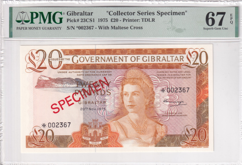 Gibraltar, 20 Pounds, 1975, UNC, p23CS1, SPECIMEN

PMG 67 EPQ, Collector's Ser...