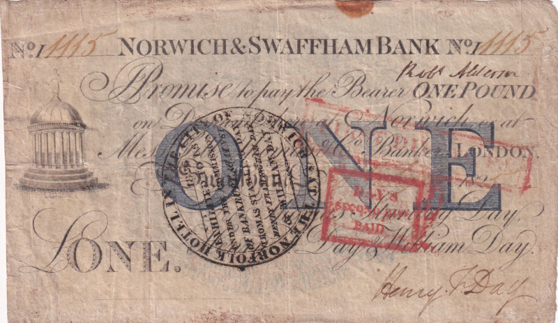 Great Britain, 1 Pound, 1825, VF(-),Norwich and Swaffham Bank

Estimate: USD 7...