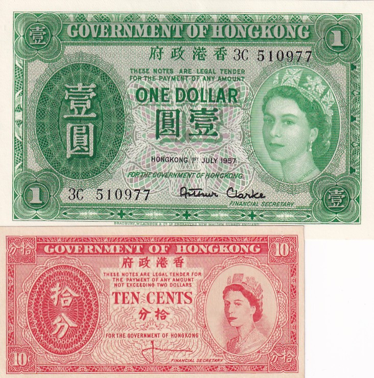 Hong Kong, 10 Cents-1 Dollars, 1957/1961,p324Ab; p327a, (Total 2 banknotes)

Q...