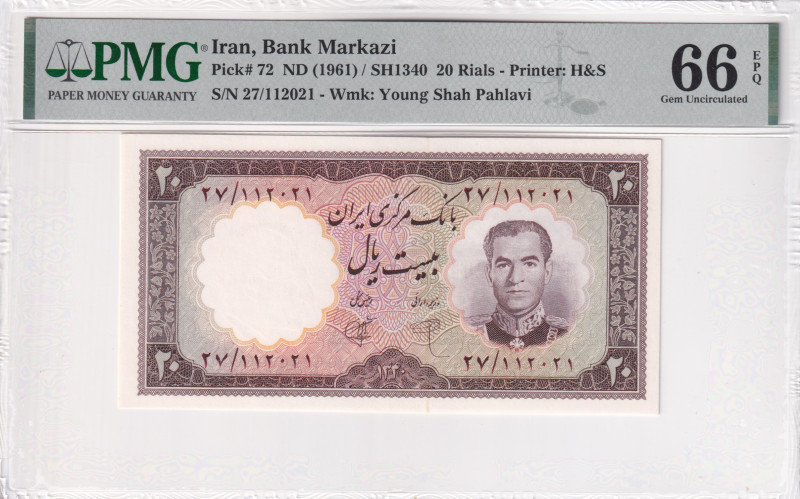 Iran, 20 Rials, 1961, UNC, p72a

PMG 66 EPQ, Young Shah Pahlavi

Estimate: U...