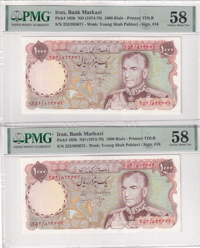 Iran, 1.000 Rials, 1974/1979, AUNC, p105b, (Total 2 consecutive banknotes)

PM...