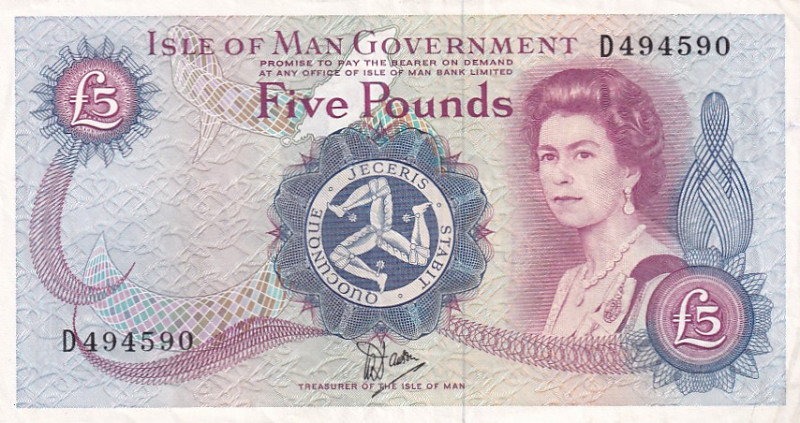 Isle of Man, 5 Pounds, 1987, XF(-), p35A

Stained, Queen Elizabeth II Portrait...