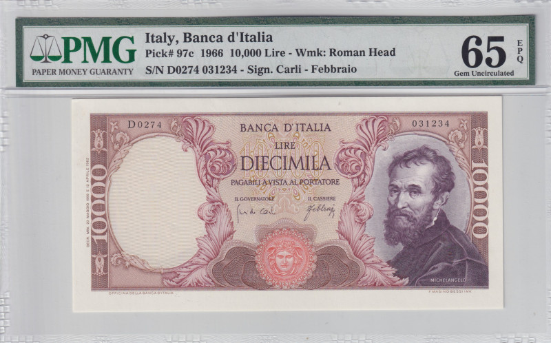 Italy, 10.000 Lire, 1966, UNC, p97c, Banca d'Italia

PMG 65 EPQ, On the obvers...