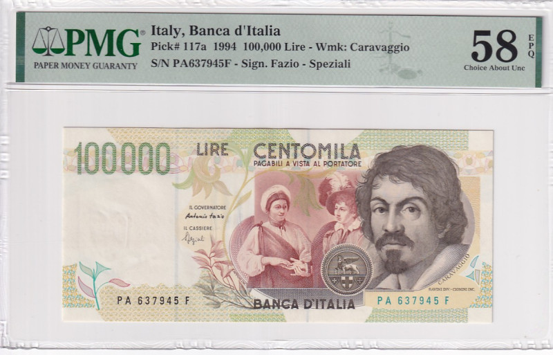 Italy, 100.000 Lire, 1994, AUNC(+), p117a

PMG 58 EPQ, Banca d'Italia

Estim...