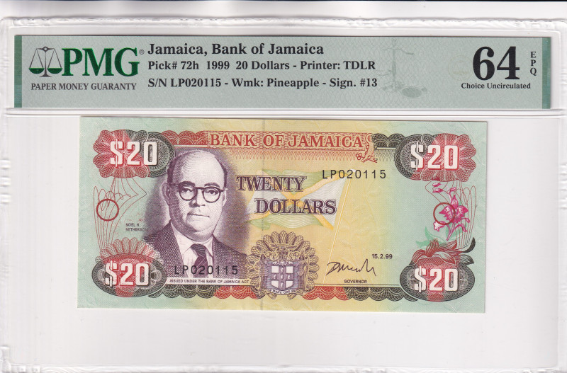 Jamaica, 20 Dollars, 1999, UNC, p72h, Bank of Jamaica

PMG 64 EPQ, The obverse...