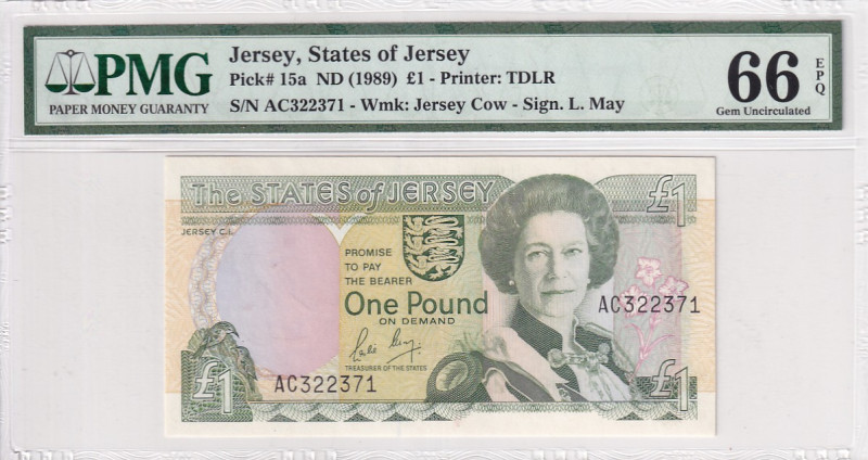 Jersey, 1 Pound, 1989, UNC, p15a

PMG 66 EPQ, Queen Elizabeth II. Potrait

E...