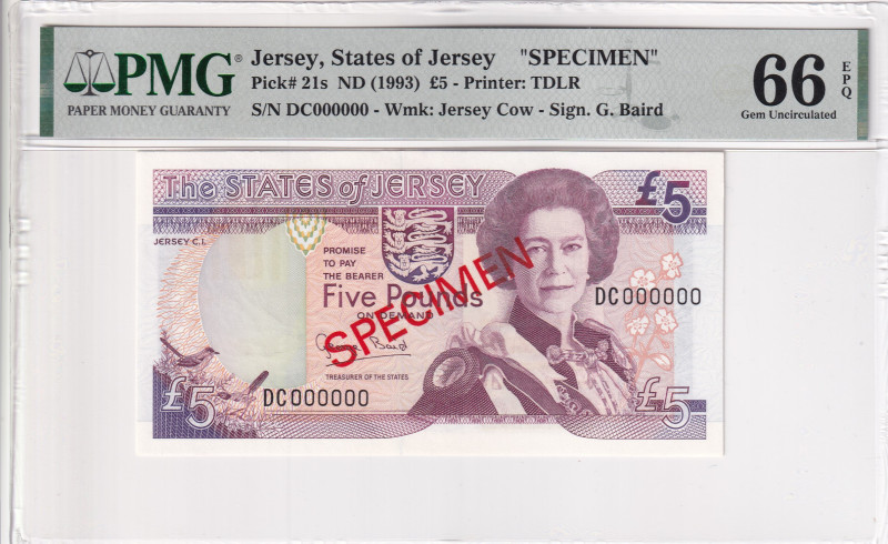 Jersey, 5 Pounds, 1993, UNC, p21s, SPECIMEN

PMG 66 EPQ, Queen Elizabeth II. P...