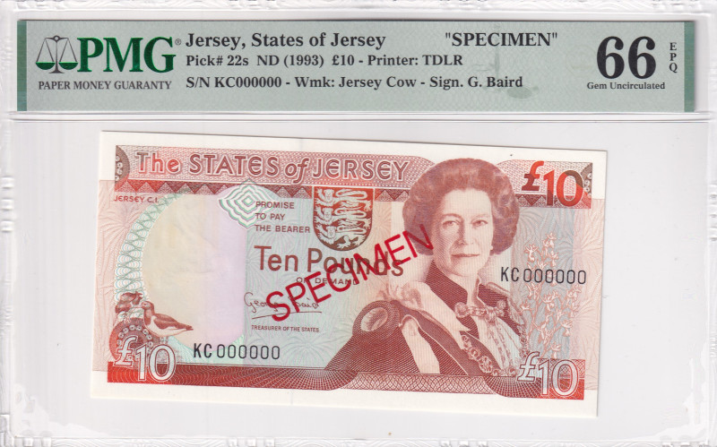 Jersey, 10 Pounds, 1993, UNC, p22s, SPECIMEN

PMG 66 EPQ, Queen Elizabeth II. ...