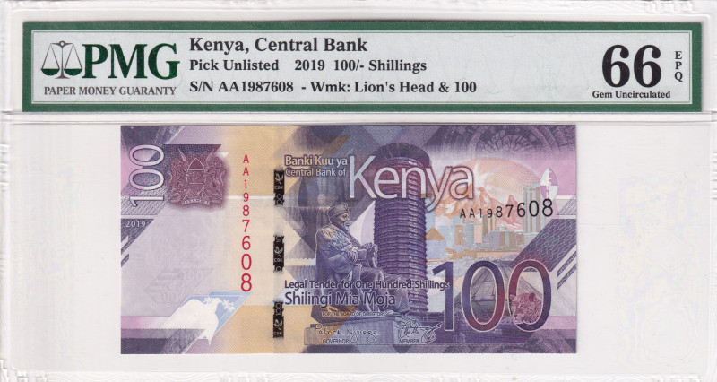 Kenya, 100 Shillings, 2019, UNC, p53a

PMG 66 EPQ, "AA" First Prefix

Estima...